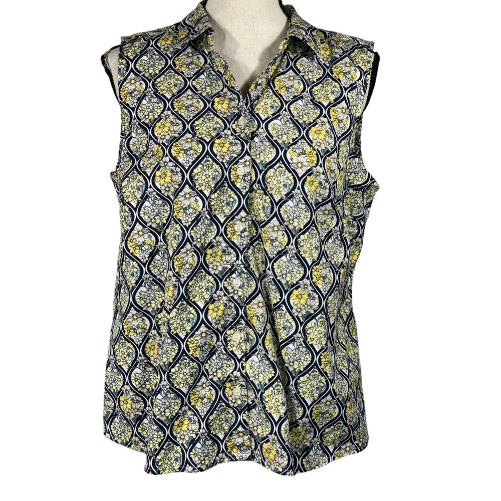 Charter Club Petite SZ 12P Top Floral Button-Up Sleeveless Stretch Collar V-Neck